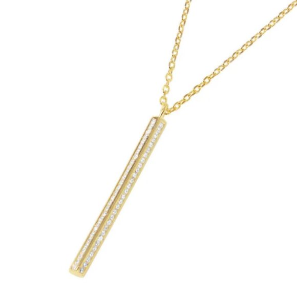 Sterling Silver 925 Gold Plated Vertical Bar CZ Pendant Necklace